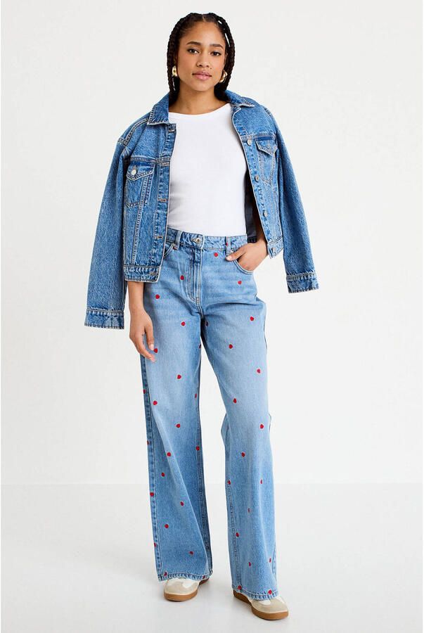 Cache high waist wide leg jeans met borduursels en hartjes mediumblauw - Foto 3