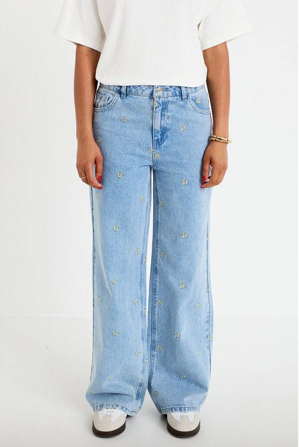Cache high waist wide leg jeans met borduursels lichtblauw