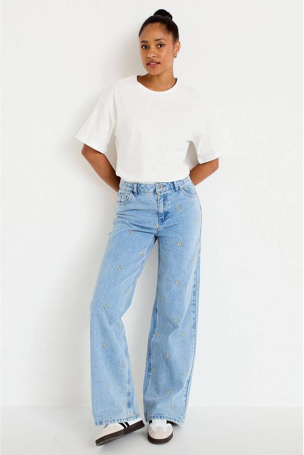 Cache high waist wide leg jeans met borduursels lichtblauw - Foto 2