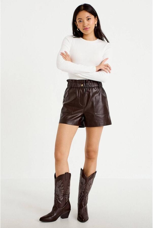 Cache imitatieleren wide leg casual short met ruches donkerbruin - Foto 2