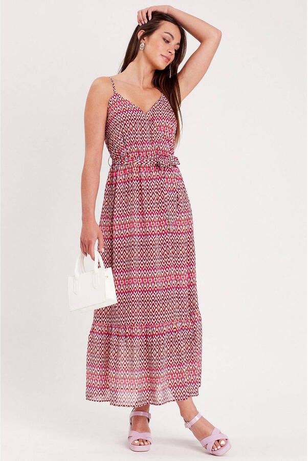 Cache maxi jurk met all over print en volant rood roze