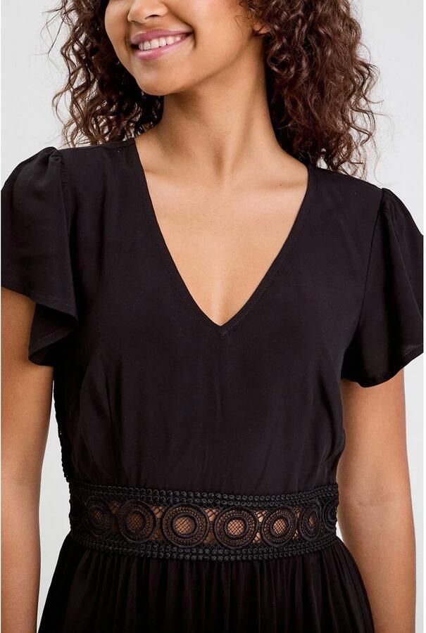 Cache midi jurk broderie zwart