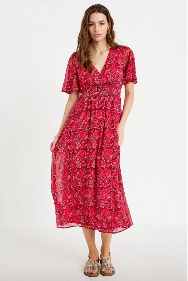 Cache midi jurk V-hals rood zwart