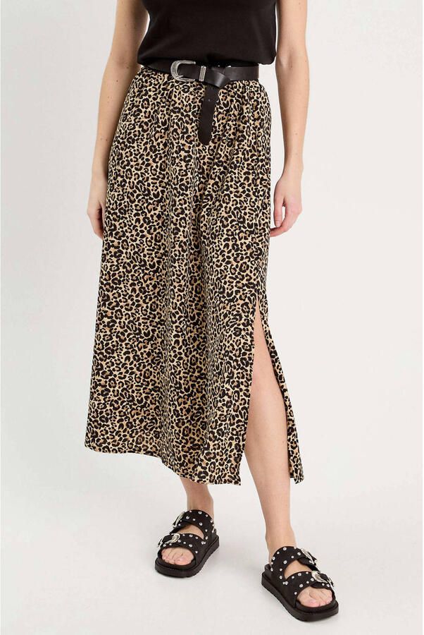 Cache midi rok met split en panterprint beige