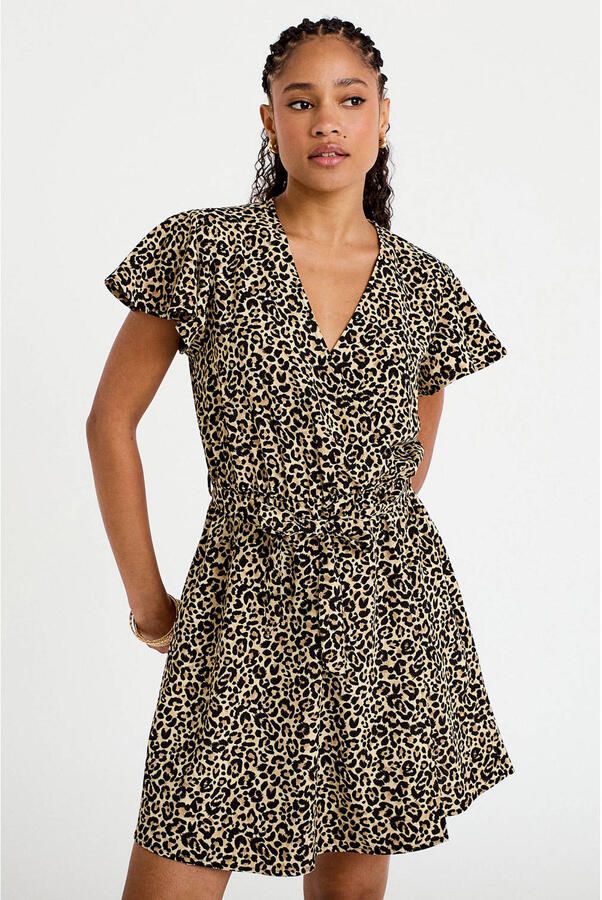 Cache mini jurk met ceintuur en panterprint bruin