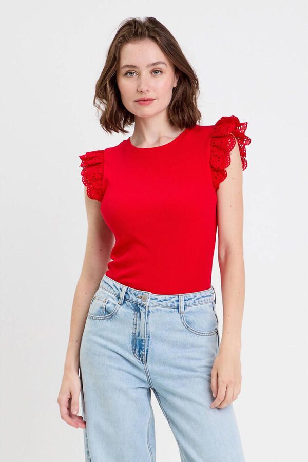 Cache mouwloze top broderie rood