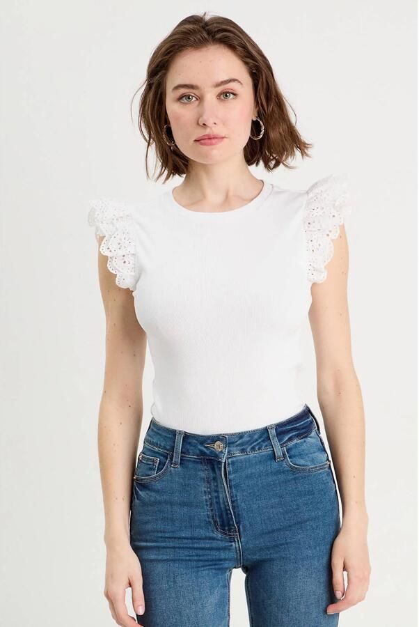 Cache mouwloze top wit broderie