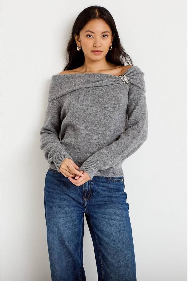 Cache off shoulder gebreide gemêleerde trui grijs