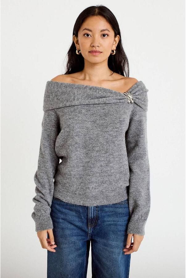 Cache off shoulder gebreide gemêleerde trui grijs - Foto 3
