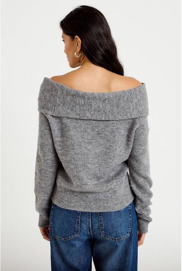 Cache off shoulder gebreide gemêleerde trui grijs - Foto 2