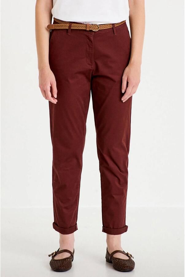 Cache regular fit cropped chinobroek met ceintuur donkerrood