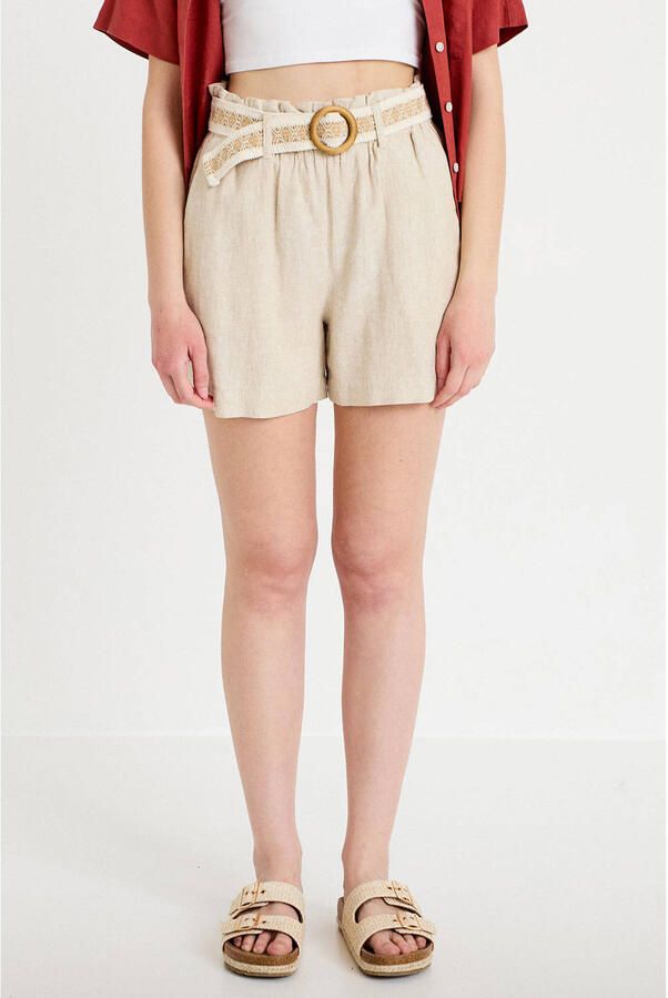 Cache regular high waist casual short met linnen beige