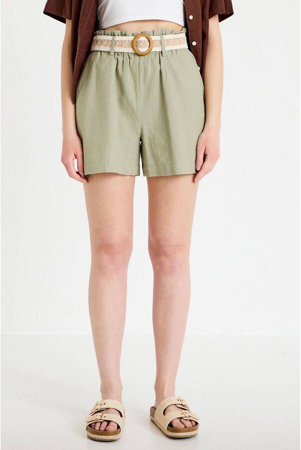 Cache regular high waist casual short met linnen grijsgroen
