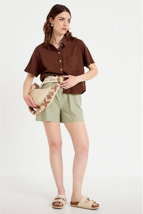 Cache regular high waist casual short met linnen grijsgroen - Foto 3