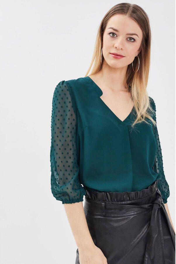 Cache semi-transparante blousetop met textuur donkergroen