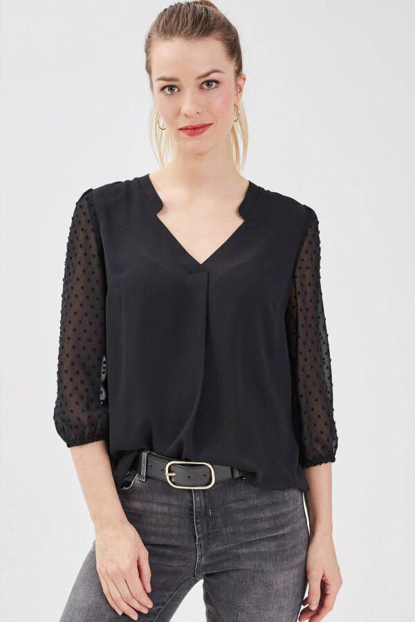 Cache semi-transparante blousetop met textuur zwart