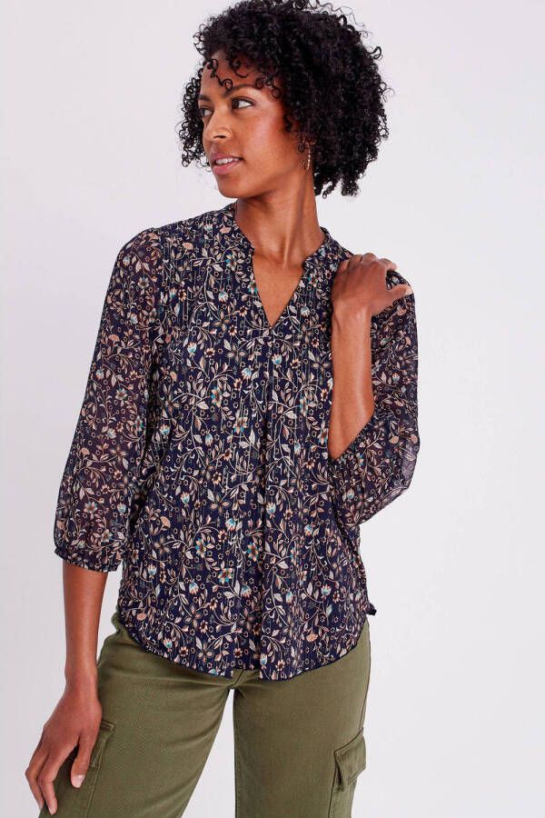 Cache semi-transparante geweven blousetop met all over print en plooien donkerblauw