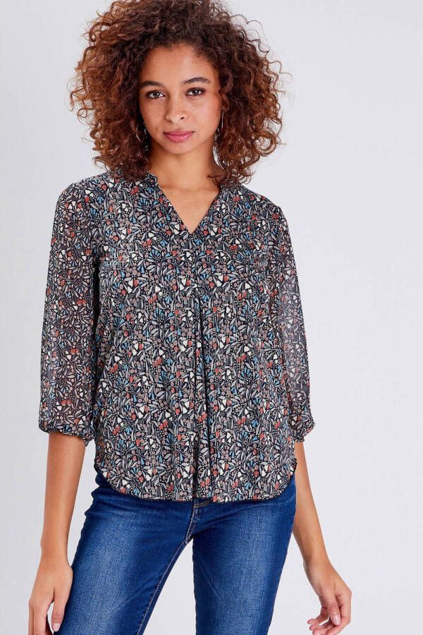 Cache semi-transparante geweven top met all over print en plooien donkerblauw blauw
