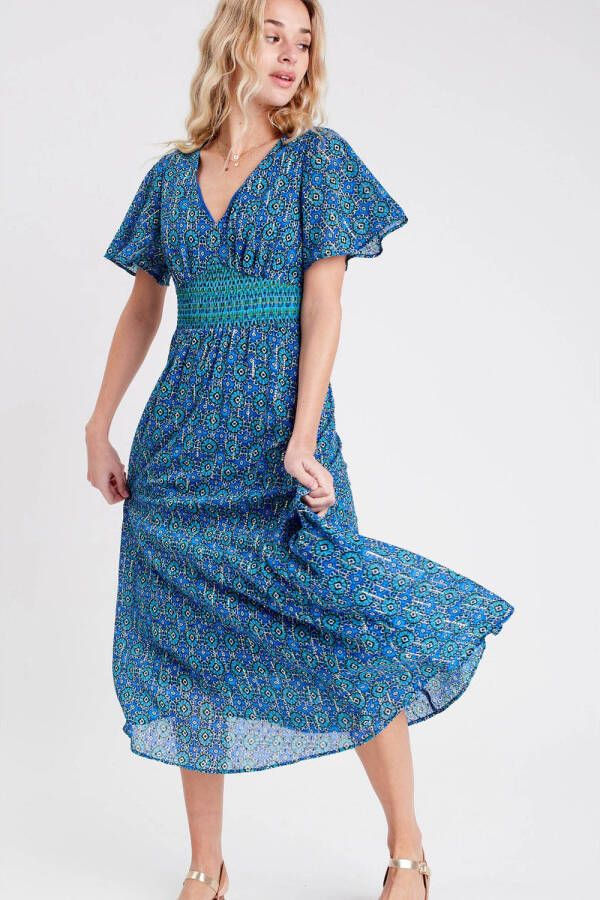 Cache semi-transparante jurk met all over print en plooien blauw