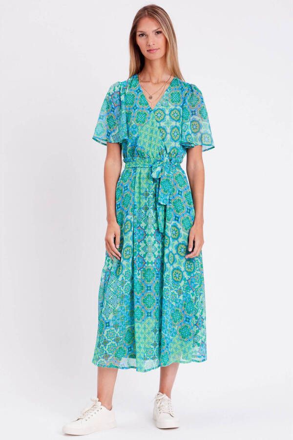 Cache semi-transparante jurk met all over print en plooien groen blauw