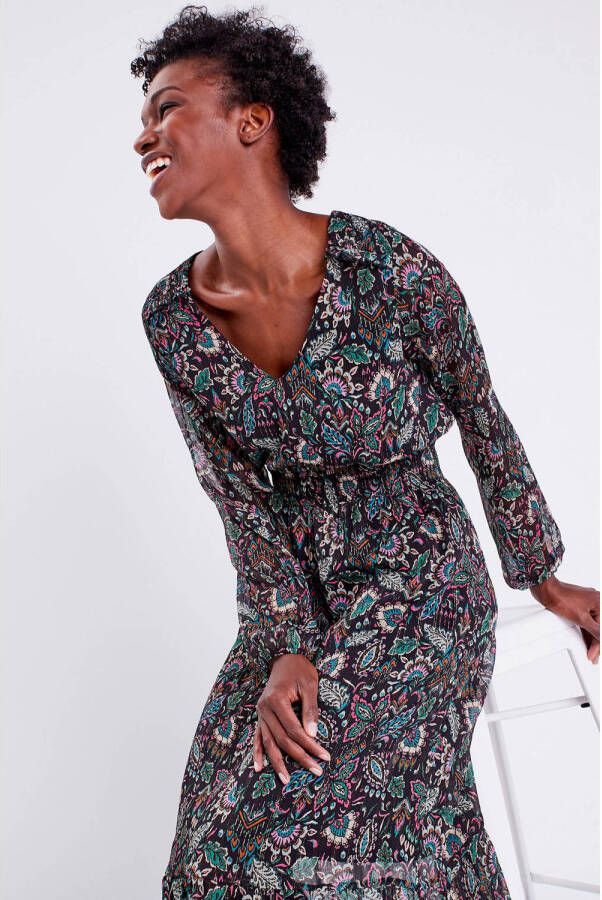 Cache semi-transparante jurk met all over print en plooien zwart groen roze