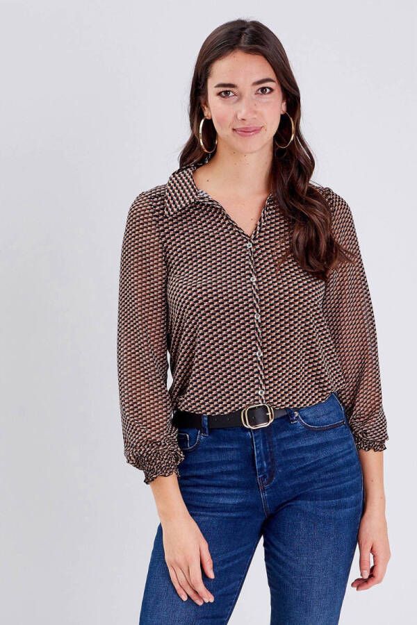 Cache semi-transparante top met all over print bruin zwart