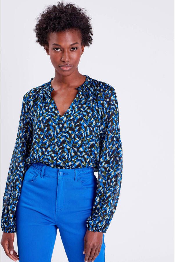 Cache semi-transparante top met all over print en ruches donkerblauw blauw