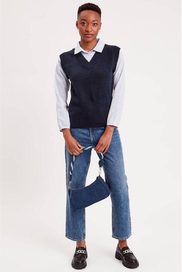 Cache spencer met blouse inzet marineblauw wit