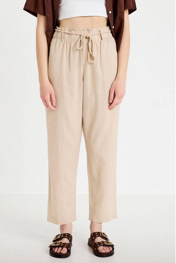 Cache straight high waist casual broek met linnen beige