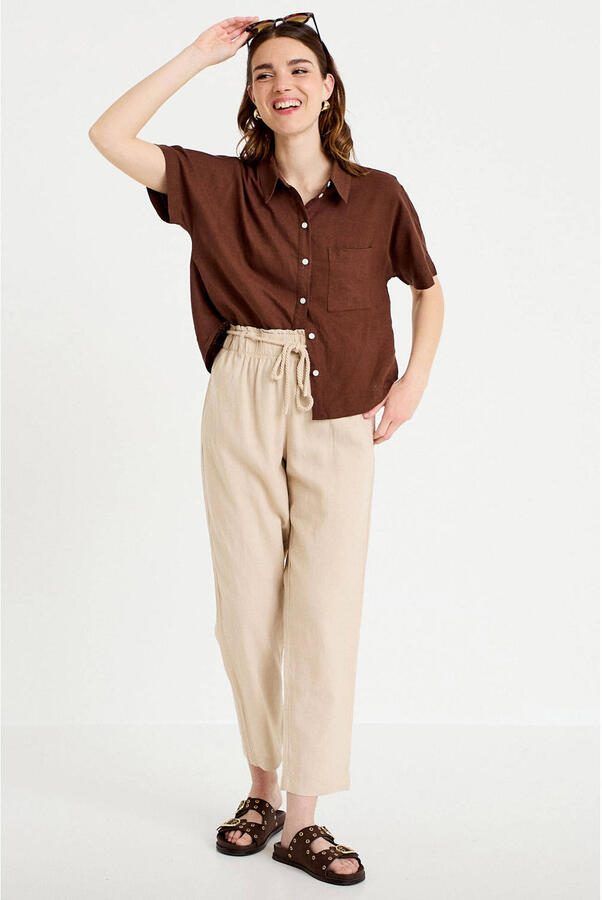 Cache straight high waist casual broek met linnen beige - Foto 2