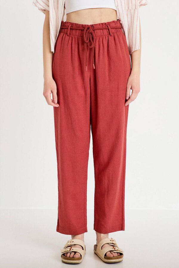 Cache straight high waist casual broek met linnen koraalrood