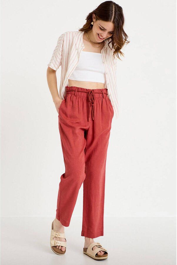 Cache straight high waist casual broek met linnen koraalrood - Foto 3