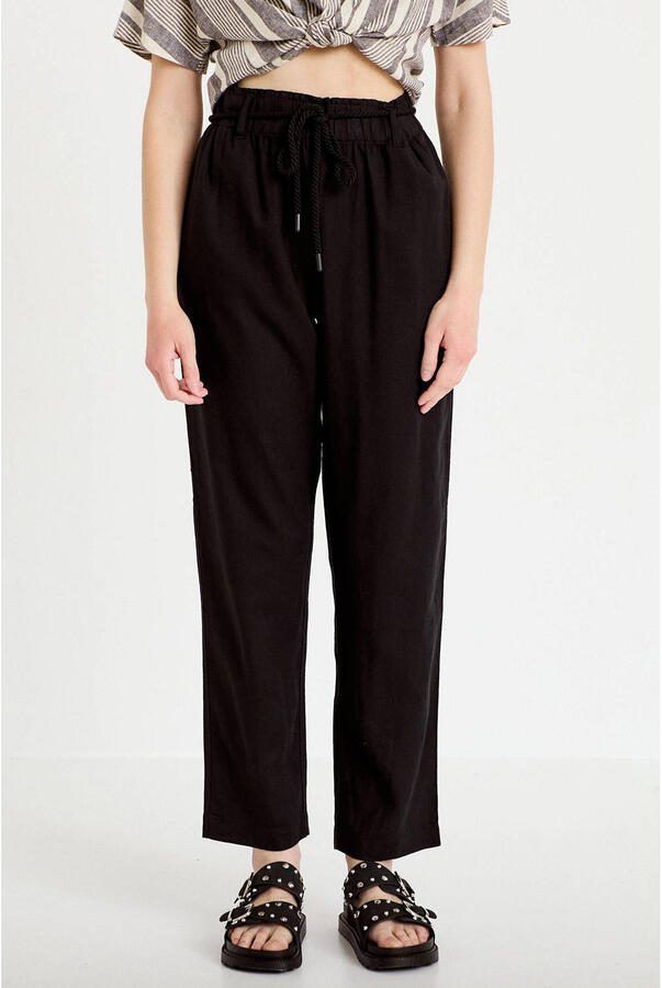 Cache straight high waist casual broek met linnen zwart
