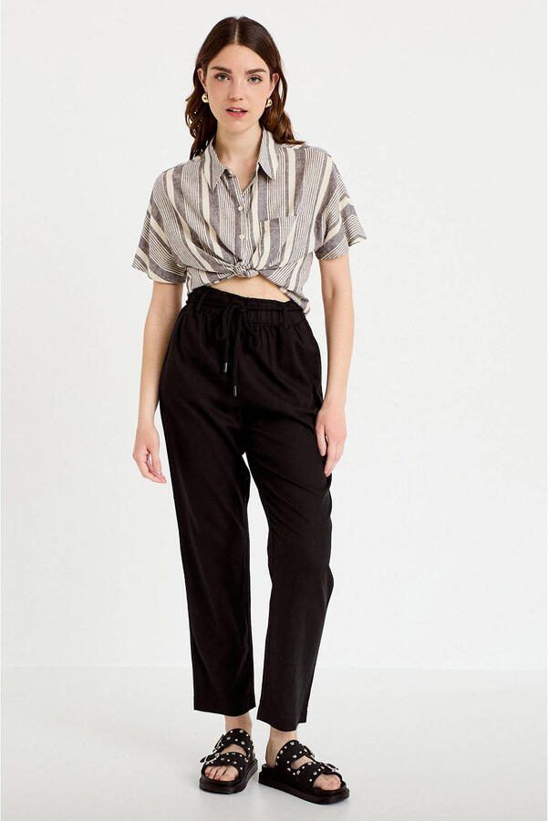 Cache straight high waist casual broek met linnen zwart - Foto 2
