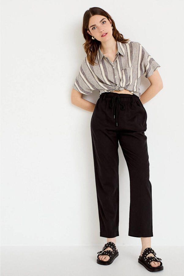 Cache straight high waist casual broek met linnen zwart - Foto 3