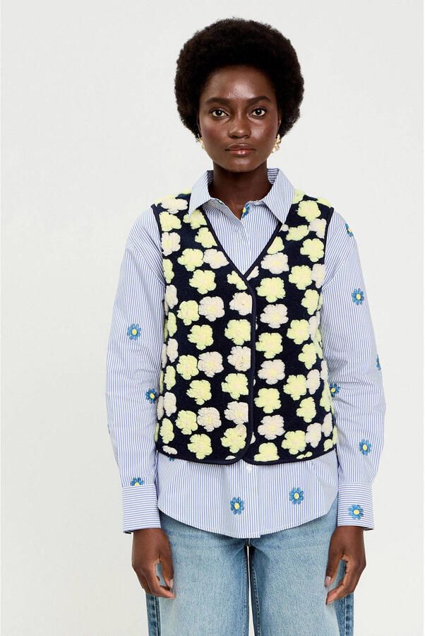 Cache teddy gebloemde gilet marineblauw