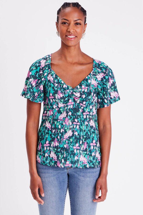 Cache top met all over print roze turquoise donkerblauw
