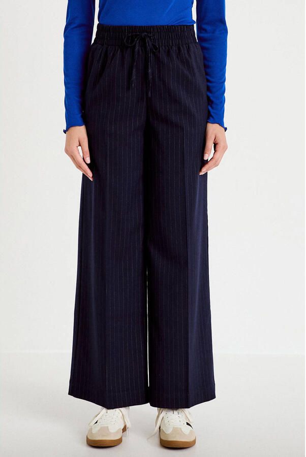 Cache wide leg broek met krijtstreep donkerblauw