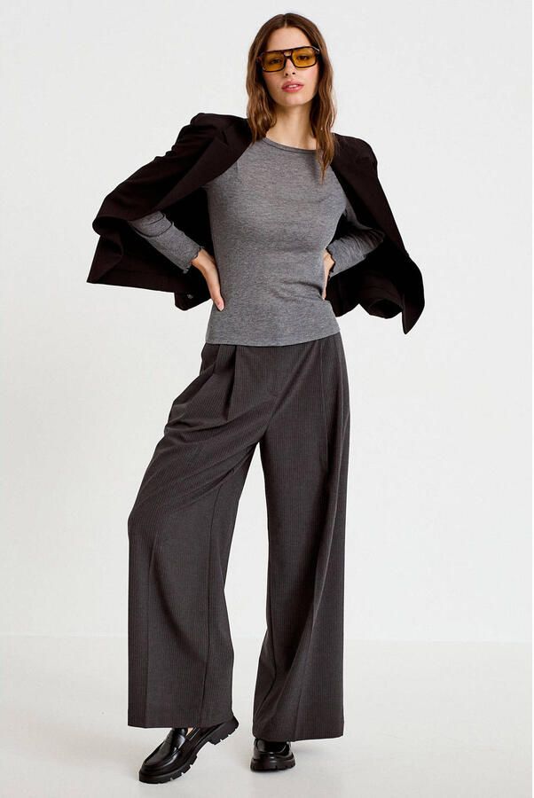 Cache wide leg casual broek met plooien en krijtstreep grijs - Foto 2