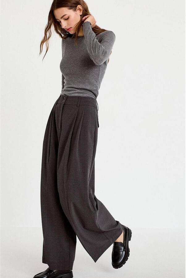 Cache wide leg casual broek met plooien en krijtstreep grijs - Foto 3