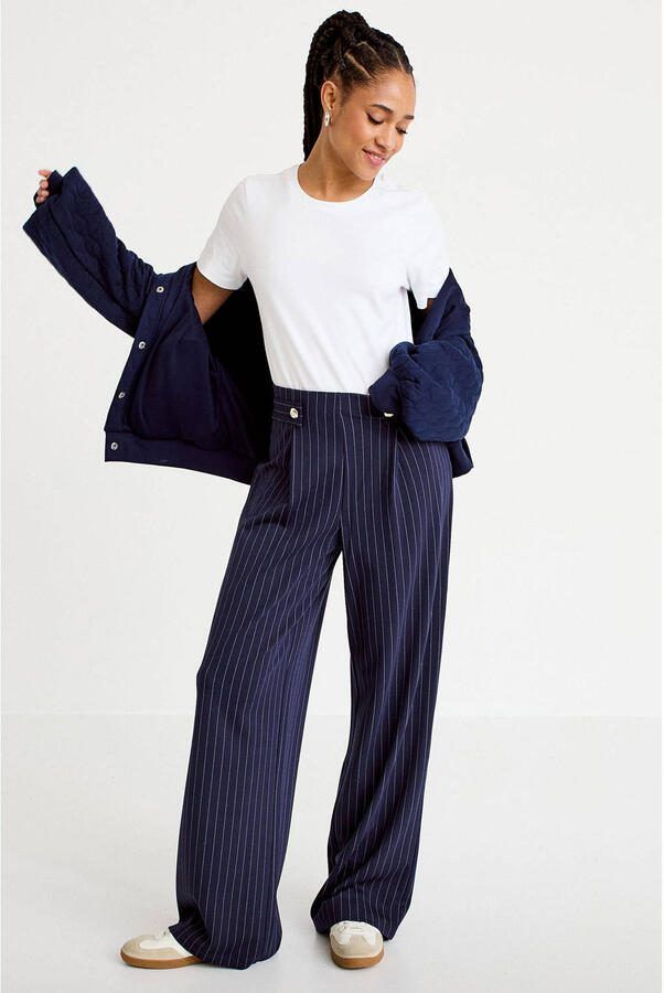 Cache wide leg high waist broek met krijtstreep donkerblauw - Foto 3