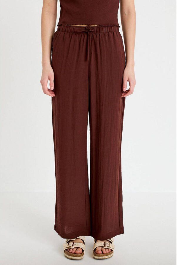 Cache wide leg high waist casual broek donkerbruin met textuur