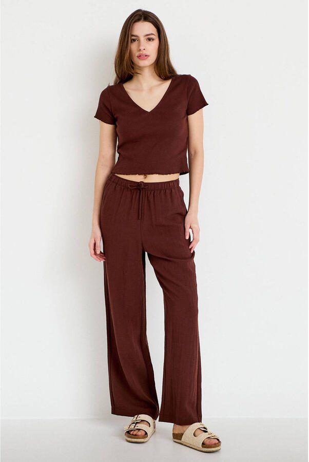 Cache wide leg high waist casual broek donkerbruin met textuur - Foto 3