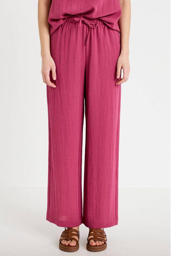 Cache wide leg high waist casual broek fuchsia met textuur