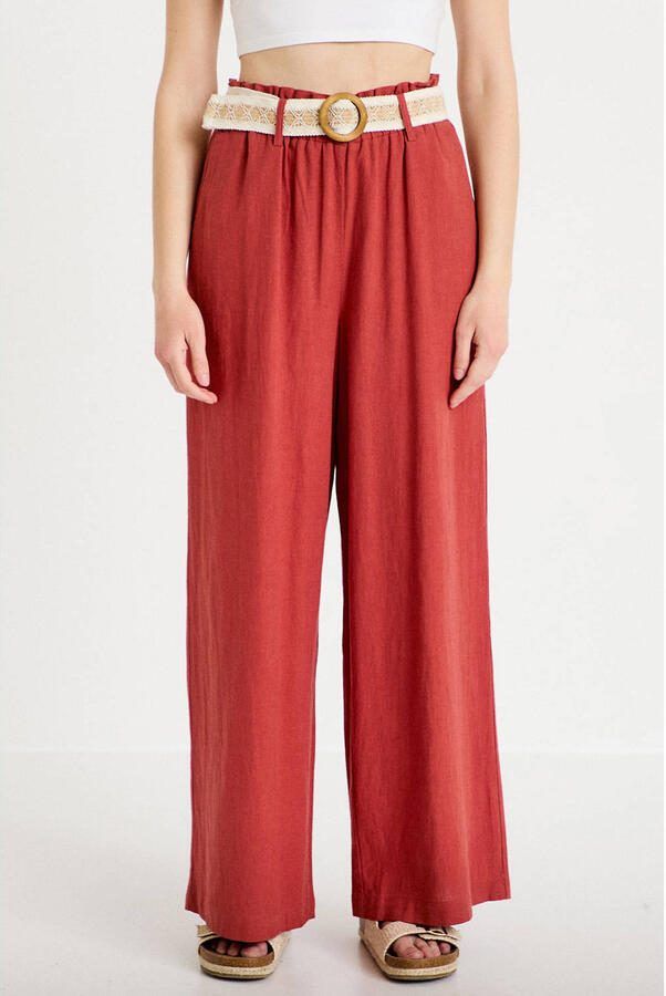 Cache wide leg high waist casual broek met linnen roodbruin