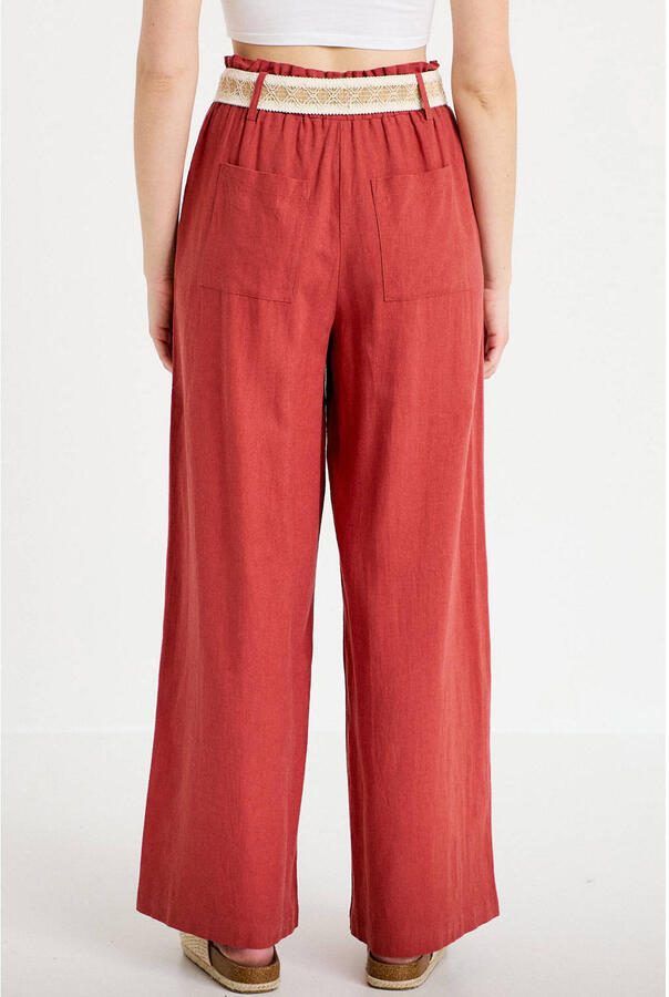 Cache wide leg high waist casual broek met linnen roodbruin - Foto 3