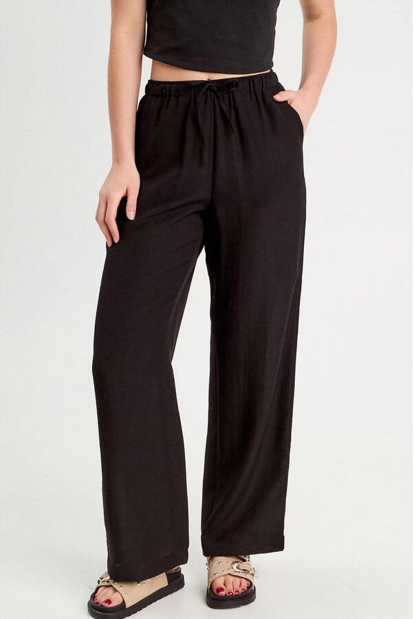 Cache wide leg high waist casual broek zwart met textuur