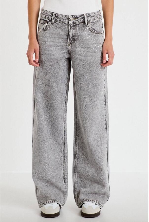 Cache wide leg jeans met strass-steentjes grijs
