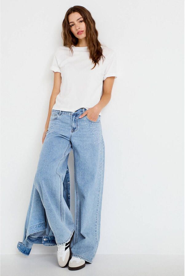 Cache wide leg jeans met strass-steentjes lichtblauw - Foto 3