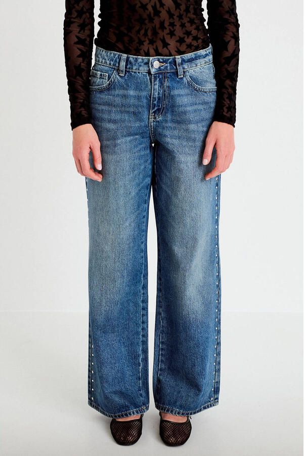 Cache wide leg jeans met studs mediumblauw